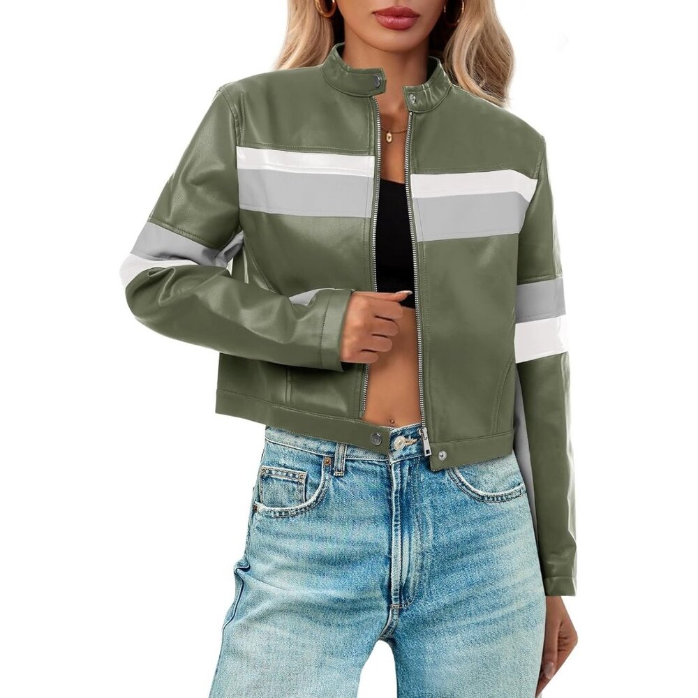 Women's Army Green Faux Leather Cropped Moto Biker Vintage Racing Jackets